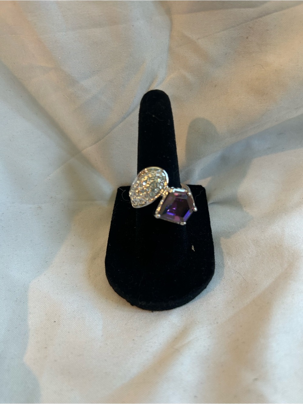 Silver Plated Ring with Purple Stone and Pave Accent